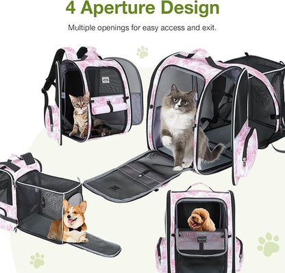 Lekebobor Large Cat Backpack Carrier Expandable Pet Carrier Backpack for Small Dogs Medium Cats Fit Up to 18 Lbs,Dogs Foldable Puppy Backpack Carrier for Travel, Hiking,Pink Flowers Pattern