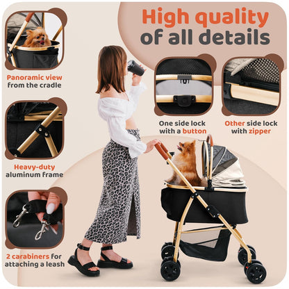 Pet Stroller for Small Medium Dogs & Cats – 2-in-1 Detachable Carrier, Zipperless Entry, Lightweight Folding Travel Stroller with Storage Basket, Cup Holder, Black&Beige
