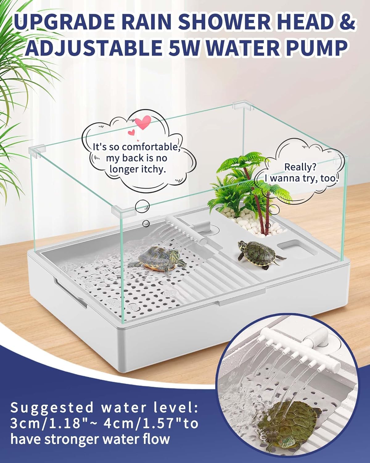 Large Turtle Tank Kit(Tank + Water Pump), Acrylic Turtle Tank Starter Kit with Two Rain Shower Head, Adjustable Water Pump, Higher Fences (S)