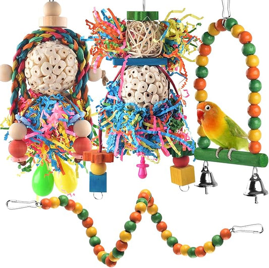Bissap Conure Toys, 4 PCS Parrot Foraging Shredder Hanging Toys Sola Balls with Sand Hammer Perch Swing Climbing for Small Parrots Parakeets Conures Cockatiels Love Birds Cage Toy