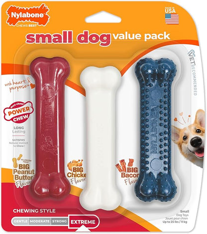 Nylabone Original Bone Power Chew Toy Value Pack for Dogs, Durable Dog Toys for Aggressive Chewers, Long Lasting Chicken, Bacon, and Peanut Butter Flavor, Small Dogs - Up to 25 Ibs, 3 Pack