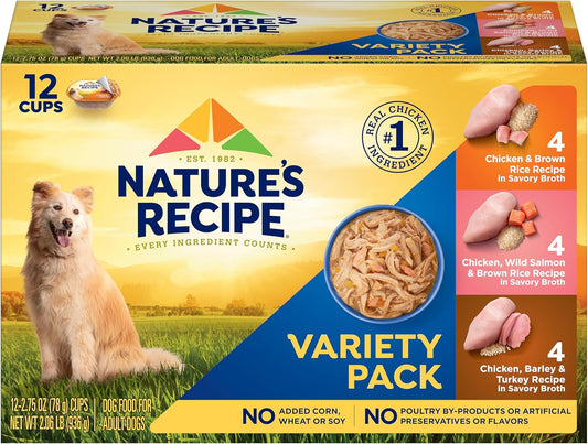Nature’s Recipe Chicken, Salmon and Turkey Recipes Variety Pack Wet Dog Food, 12-2.75 oz. Cups, 2 Count