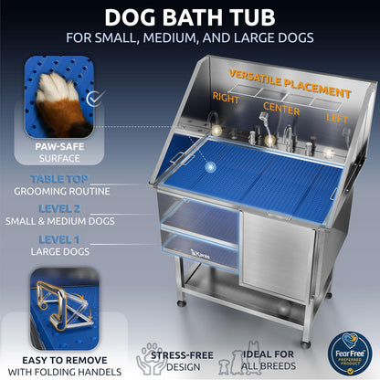 KANIS Professional Dog Washing Station - 304 Stainless Steel Pet Wash Sink & Grooming Bathtub w/Shower, Floor Grates and Storage for Large, Medium & Small Pets (40", Shelf - Right Ramp)
