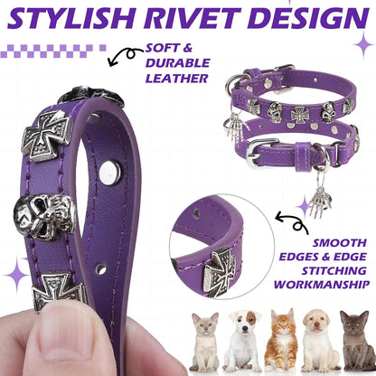 EXPAWLORER Leather Cat Collar for Girl Boy- Adjustable Pet Collar with Safety Elastic Belt,Personalized Punk Accessories Buckle Collars with Bell & Durable D-Ring, Skull(Purple)