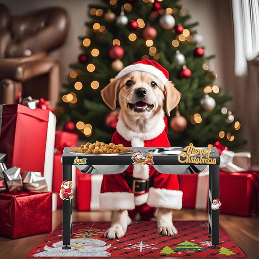 Raised Dog Bowl for Christmas, 10" Tall Elevated Dog Bowls with 2 Stainless Steel 42oz Bowls & 16x24 Non-Slip Mat, Raised Bowl Stand Gift for Dogs