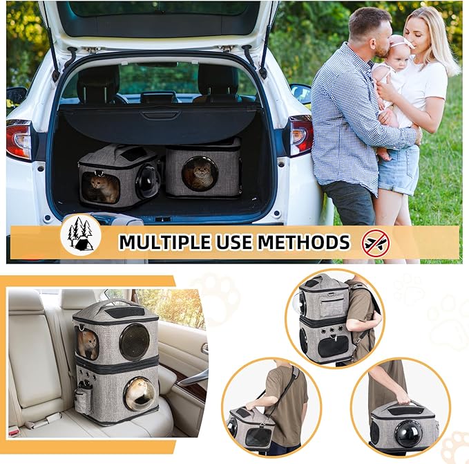 Detachable Double Cat Backpack Carrier for 2 Cats | Transparent & Foldable Dog Carrier Backpack for Cats and Small Dogs Up to 32 Lbs | Large Space & Breathable Cat Travel Carrier for Traveling, Grey