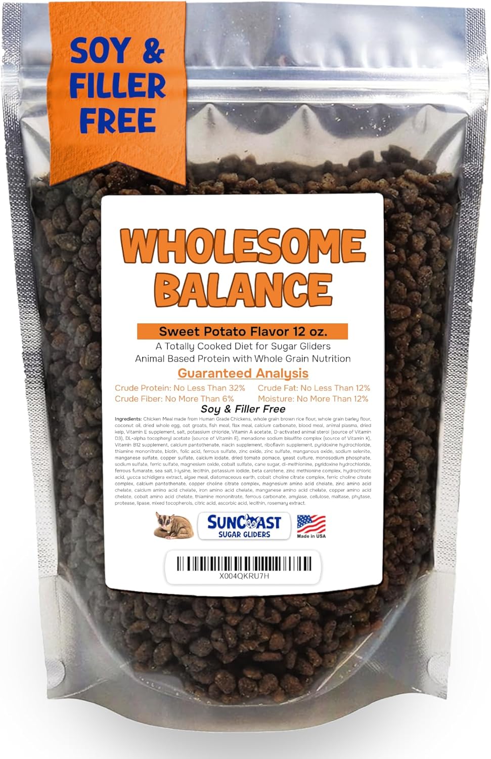 Wholesome Balance Food - Complete Nutrition with High Animal Protein, Calcium, Vitamins & Minerals, Premium Dense Food for Sugar Gliders and Small Animals - Sweet Potato, 12 oz