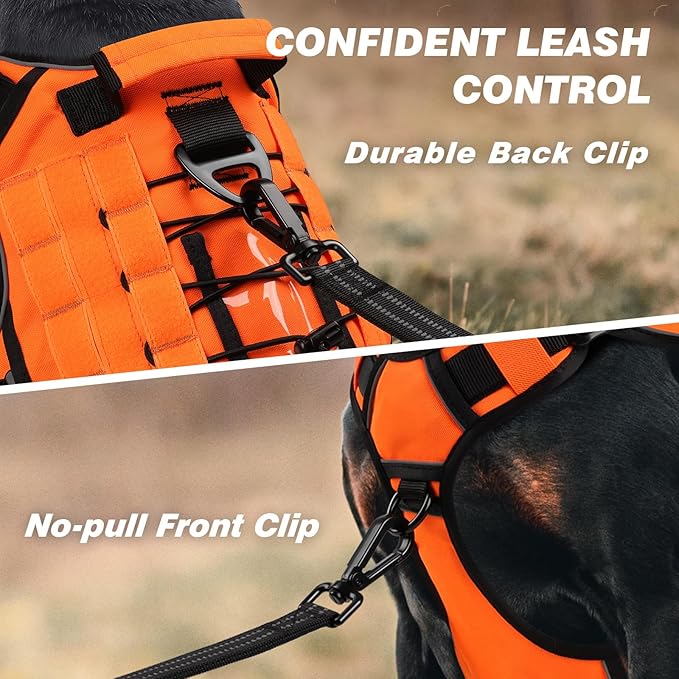 WINGOIN Orange Tactical Dog Harness for Large Dogs, Heavy Duty No Pull Dog Harness with Handle, Adjustable Reflective Military K9 German Shepherd Big Size Dog Vest for Walking, Training, Hunting (L)