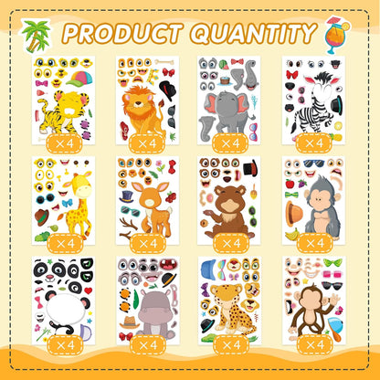48 Sheets Make Your Own Safari Animal Stickers for Kids Ages 3+, Make-a-face Stickers, Jungle & Zoo Party Favors Supplies, Classroom Teacher Reward