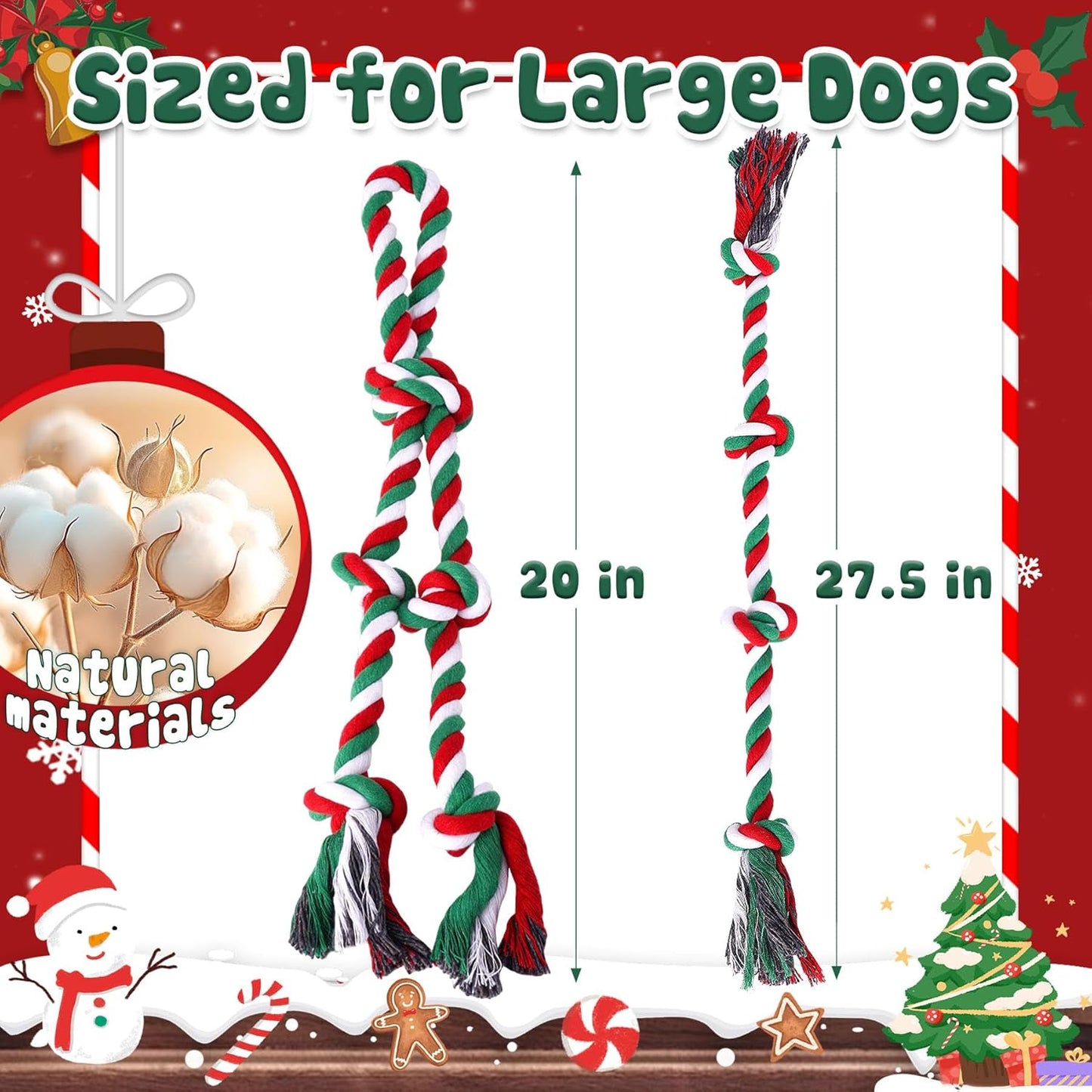 Heavy Duty Christmas Dog Rope Toys for Aggressive Chewers- Tough Tug of War & Chew Toys for Large, Medium & Small Dogs, 5 Pack Including 2 Ropes & 3 Supplies