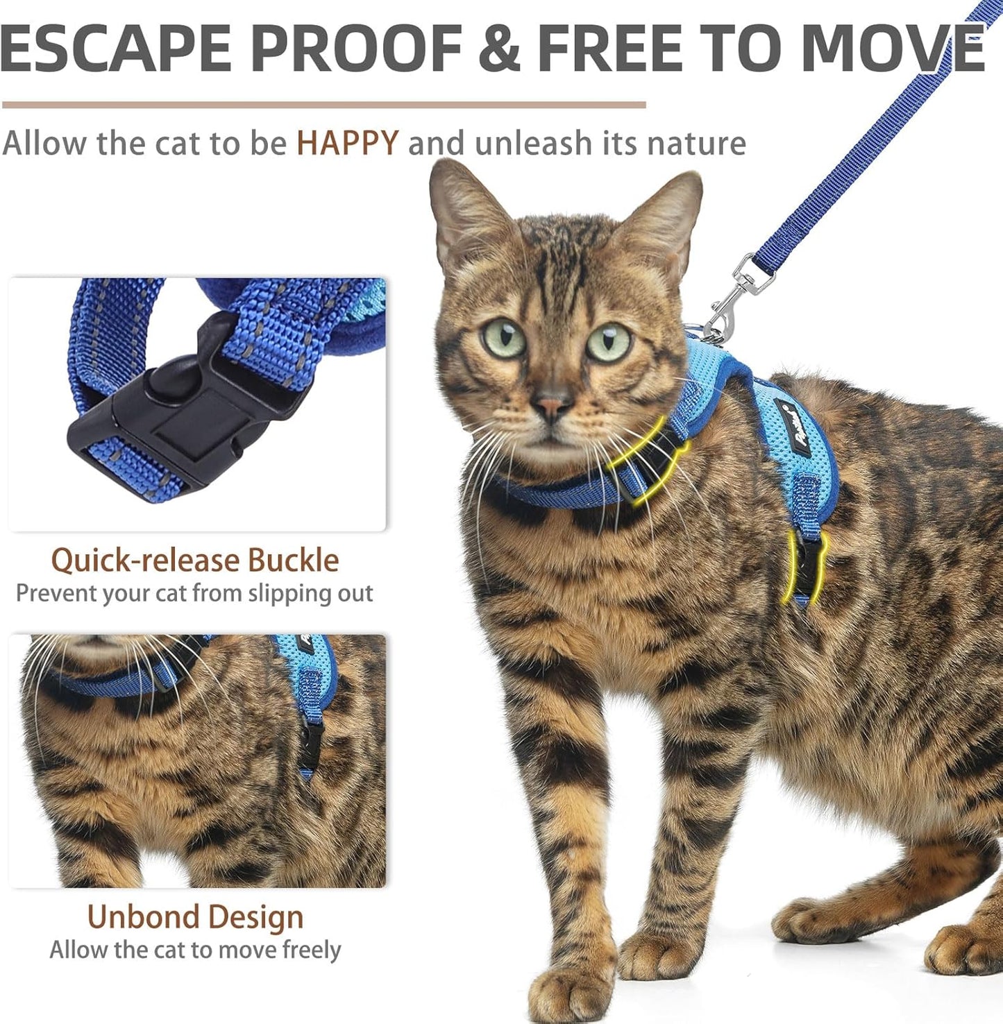 PUPTECK Cat Harness and Leash Set Escape Proof, Reflective Adjustable Soft Mesh Kitten Vest Harness for Walking Travel, Blue, S