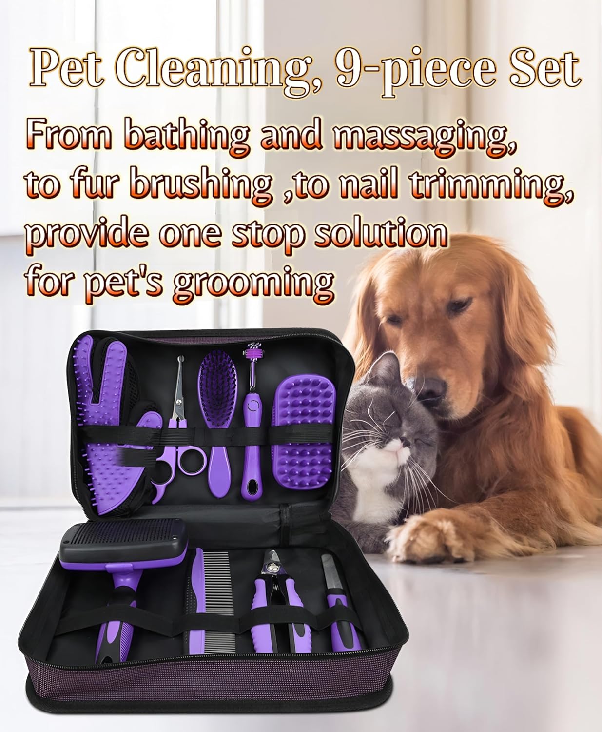 Pet Grooming Tools Kit-9 Packs Dog Cat Grooming Kit Dog Cat Grooming Supplies Dog Cat Brush Set Dog Nail Clippers and Cat Trimming Tools for Short and Long Hair Dog Cat Grooming
