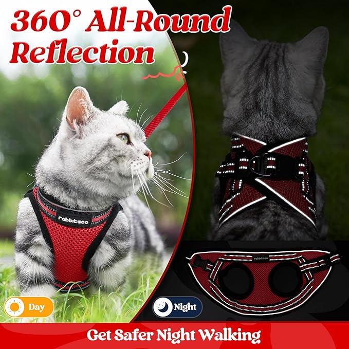 rabbitgoo Cat Harness and Leash Set for Walking Escape Proof, Adjustable Soft Kittens Vest with Reflective Strip for Cats, Comfortable Outdoor Vest, Red, S