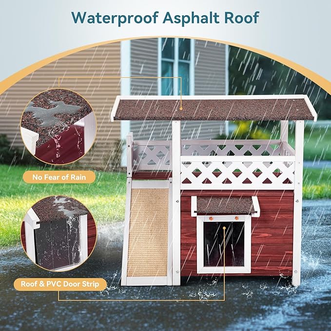 Petsfit Outdoor Cat House Weatherproof, Wooden Outside Feral Cat Shelter with Scratch, 2 Story Cat Houses for Indoor Cats Small Dogs with Escape Door(Red)