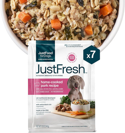 JustFoodForDogs JustFresh Wet Dog Food, Fresh Pet Meals and Toppers with No Preservatives, Resealable Package, Human Grade, Home-Cooked Pork, 12 oz - 7 Pack