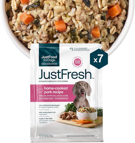 JustFoodForDogs JustFresh Wet Dog Food, Fresh Pet Meals and Toppers with No Preservatives, Resealable Package, Human Grade, Home-Cooked Pork, 12 oz - 7 Pack