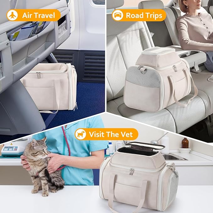 Premium Leather Top Expandable Pet Carrier for Small Dogs & Cats Under 15 lbs, Airline Approved Collapsible Soft-Sided Luxury Travel Bag Beige