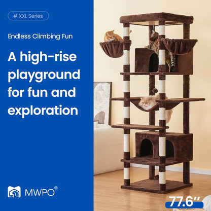 MWPO Extra Large Cat Tree, 77.6-Inch Tall Cat Tower for Indoor Cats with 2 Condos, Multi-Level Cat Stand for Large Cats, 3 Hammocks, Wide Perch, Scratching Posts, Dangling Toys, Brown