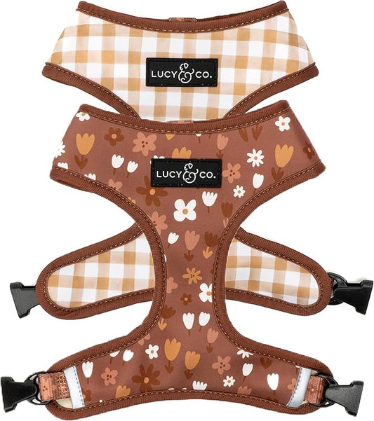 Lucy & Co. Cute Reversible Dog Harness Walking Halter - Best Designer Pet Harnesses for XS - XL Dogs - Padded Adjustable Vest for Easy Walking (Medium, Chocolate Meadows - Brown & White Floral)