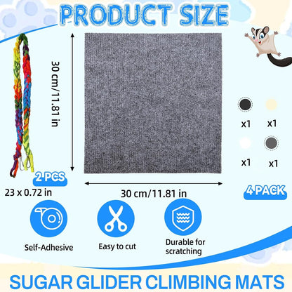 Sugar Glider Toys,4 Pcs Sugar Glider Climbing Mats,Sugar Glider Sharpening Claws Mats with Climbing Ropes Cage Accessories,Cuttable Self-Adhesive Small Animals Pets Scratching Pads Enrichment Toys for