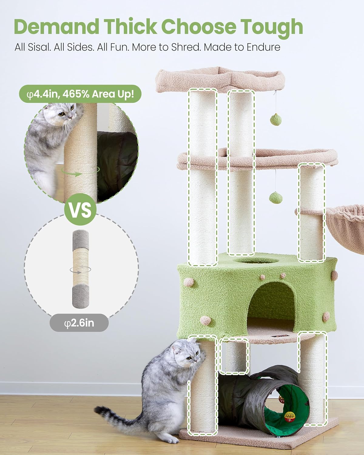 Cat Tree Tower for Indoor Cats Large Adult - Heavy Duty Extra Wide Scratching Post (φ4.4in) Maine Coon Condo House with Hammock Tunnel - 60 Inch XL Feline Bed Trees - Big Multi Level Cat Houses Stand