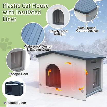 Outdoor Cat House with Insulated Liner, Weatherpoof Plastic Insulated Cats Houses with Escape Door Indoor Waterproof Feral/Pet Cat Shelter Outside for Puppy, Rabbit for Winter