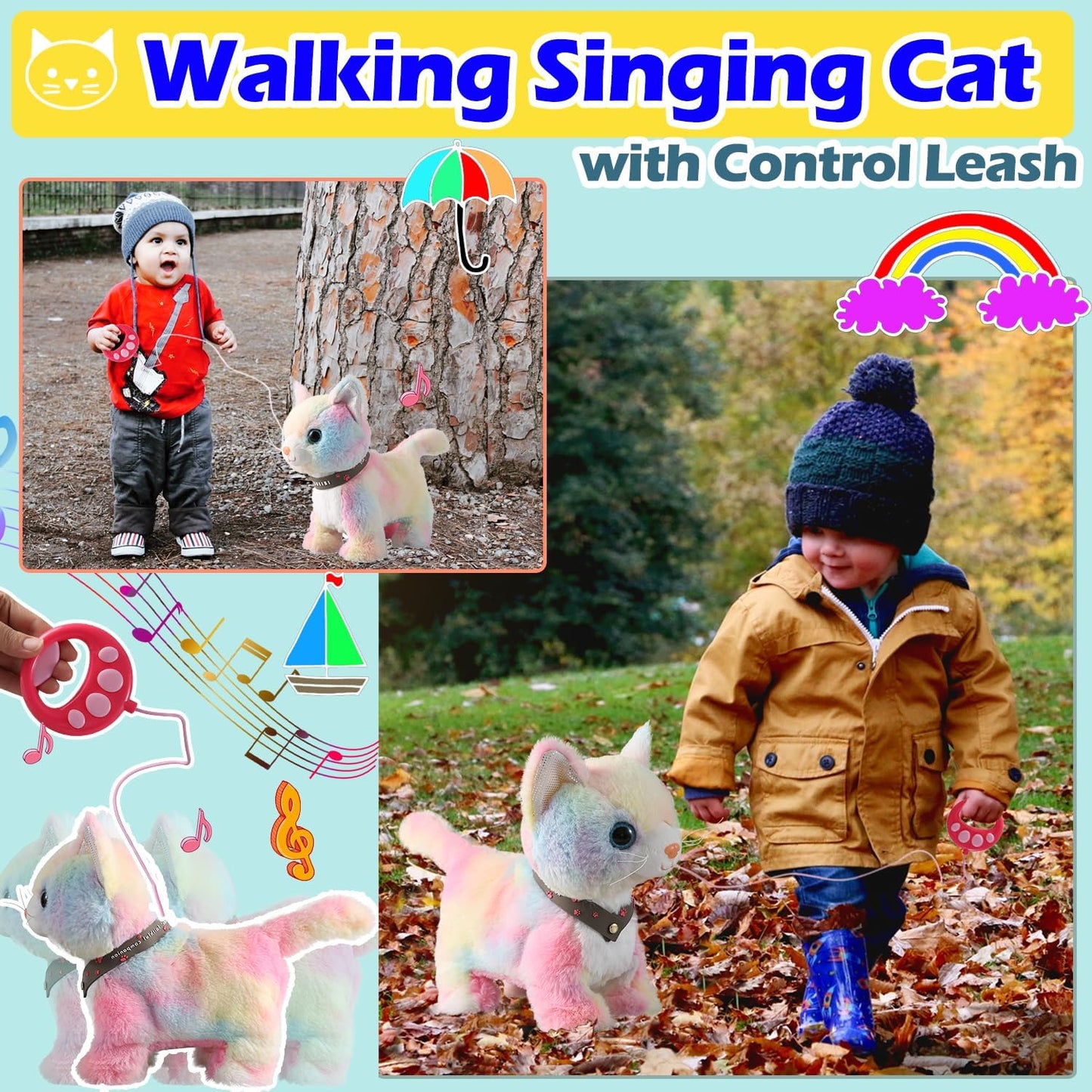 Colorful Walking Cat Set Singing That Purrs and Meows Animated Plush Robot Kitten with Leash Moving Plush Stuffed Animal Remote Control Cute Kawai Robotic Kitty Electronic Kitten Toy for Girl Kid