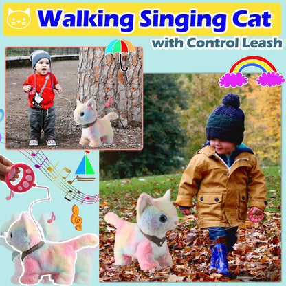 Colorful Walking Cat Set Singing That Purrs and Meows Animated Plush Robot Kitten with Leash Moving Plush Stuffed Animal Remote Control Cute Kawai Robotic Kitty Electronic Kitten Toy for Girl Kid