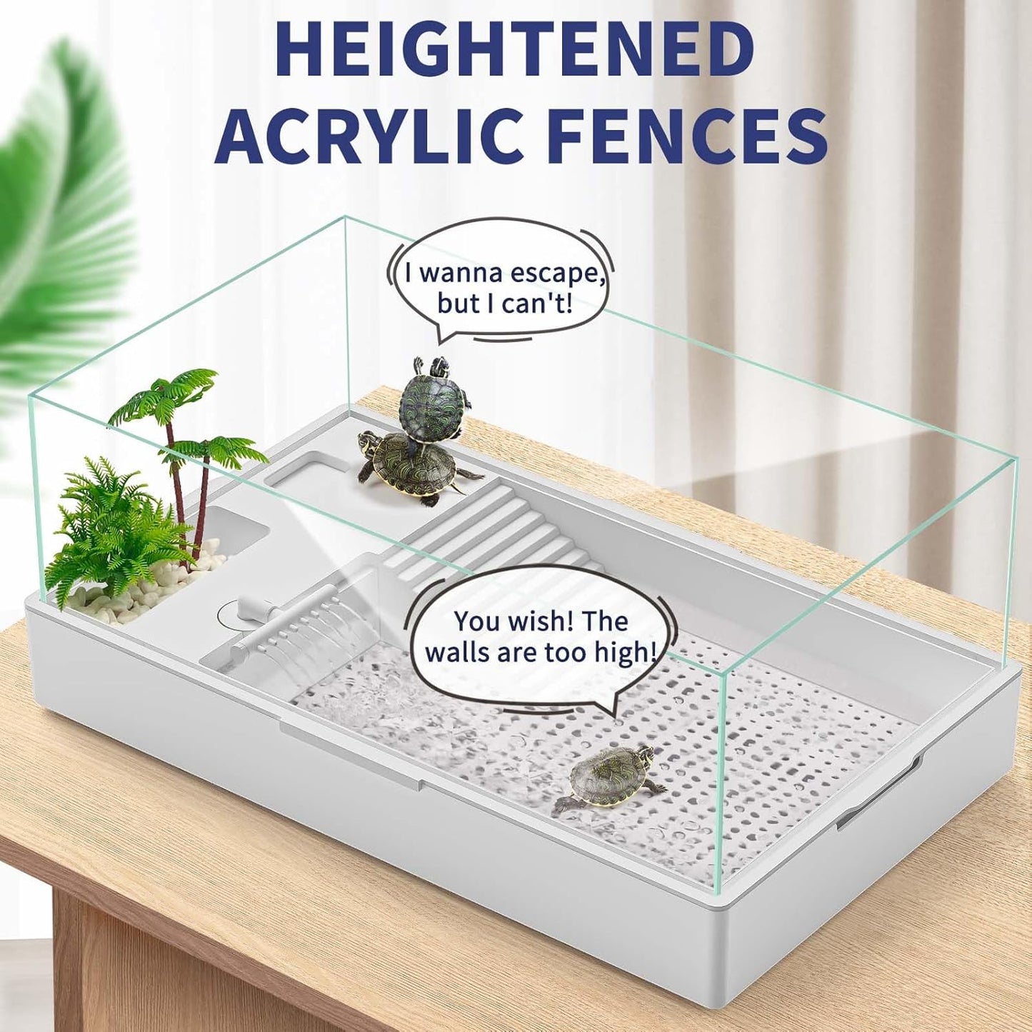 Large Turtle Tank Kit(Tank + Light + Water Pump), Acrylic Turtle Tank Starter Kit with Two Rain Shower Head, Adjustable 5W Water Pump, Higher Fences (Kit-L)