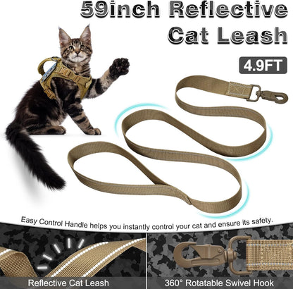 Tactical Cat Harness and Leash for Walking Esacpe Proof,Adjustable Soft Mesh Large Cat Vest with Rubber Handle Easy to Control,Molle Patches