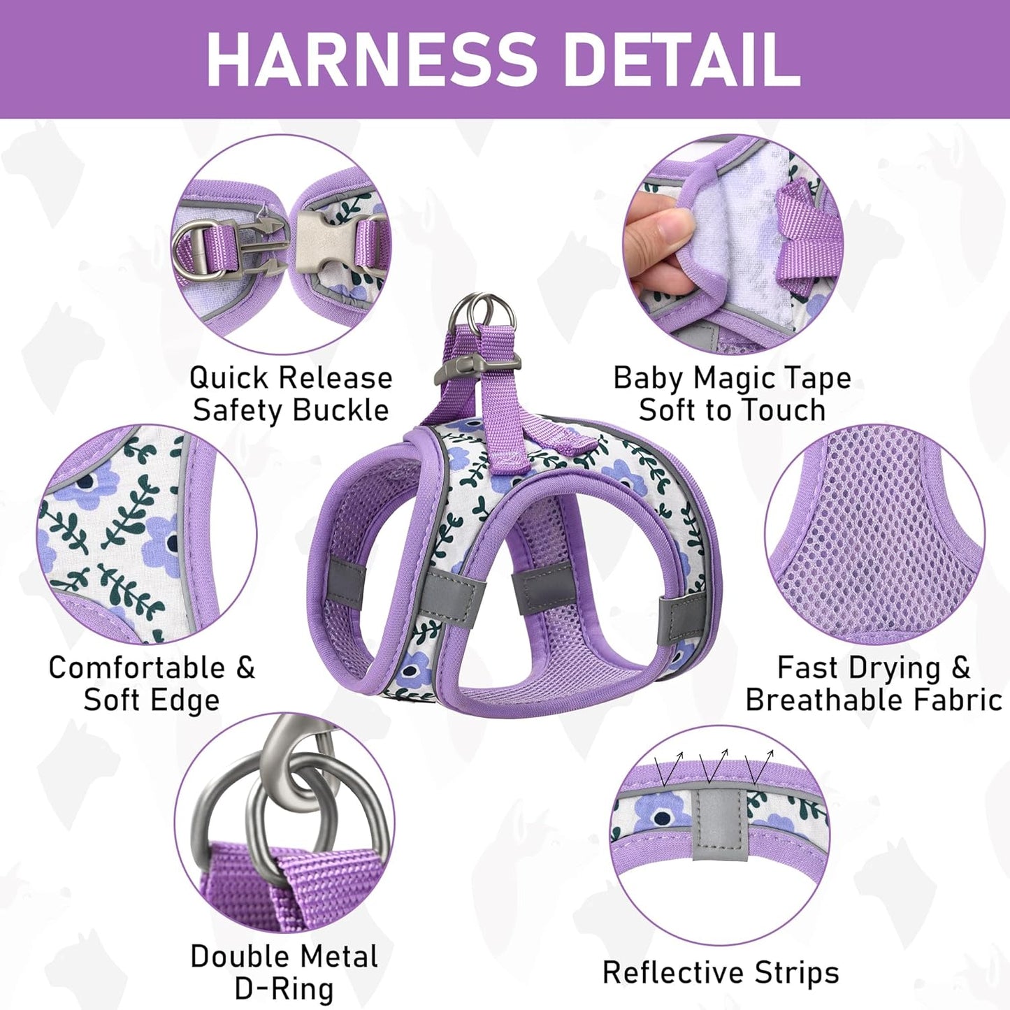 GAMUDA Small Dog Harness Collar and Leash Set, Step in No Chock No Pull Soft Mesh Adjustable Dog Vest Harnesses Plaid Reflective for Dogs Puppy Cats Kitten Rabbit (Purple Flower, XS)