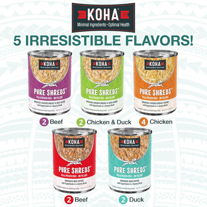 KOHA Pure Shreds Dog Food, 5 Flavors Variety Pack, Wet Food for Picky Eaters, Low Fat, High Protein, 12.5oz Cans, 2 x 6 Pack Cans