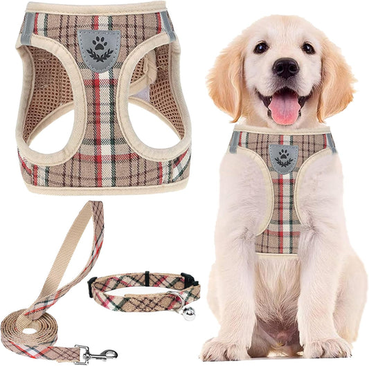 PUPTECK Adjustable Dog Harness Collar and Leash Set Step in No Pull Pet Harness for Small Medium Dogs Puppy and Cats Outdoor Walking Running, Soft Mesh Padded Reflective Vest Harnesses, Khaki XS