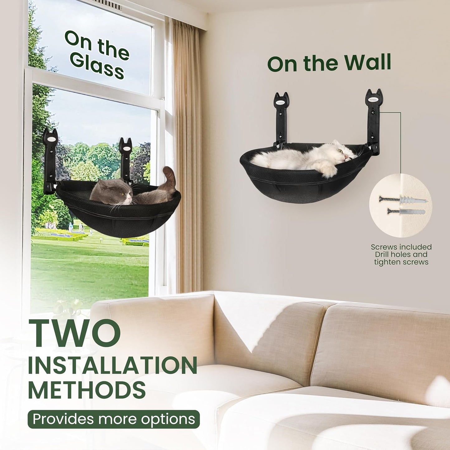 Cat Window Perch, Foldable Cat Hammock with Sunken Design, Breathable Cordless Window Bed with Stud Metal Frame for Large Cats and Kitten (Black Deep Perch, Medium)