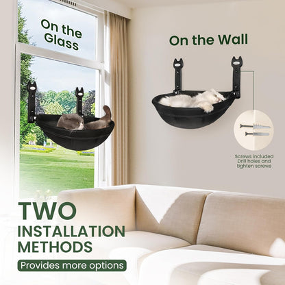 Cat Window Perch, Foldable Cat Hammock with Sunken Design, Breathable Cordless Window Bed with Stud Metal Frame for Large Cats and Kitten (Black Deep Perch, Medium)