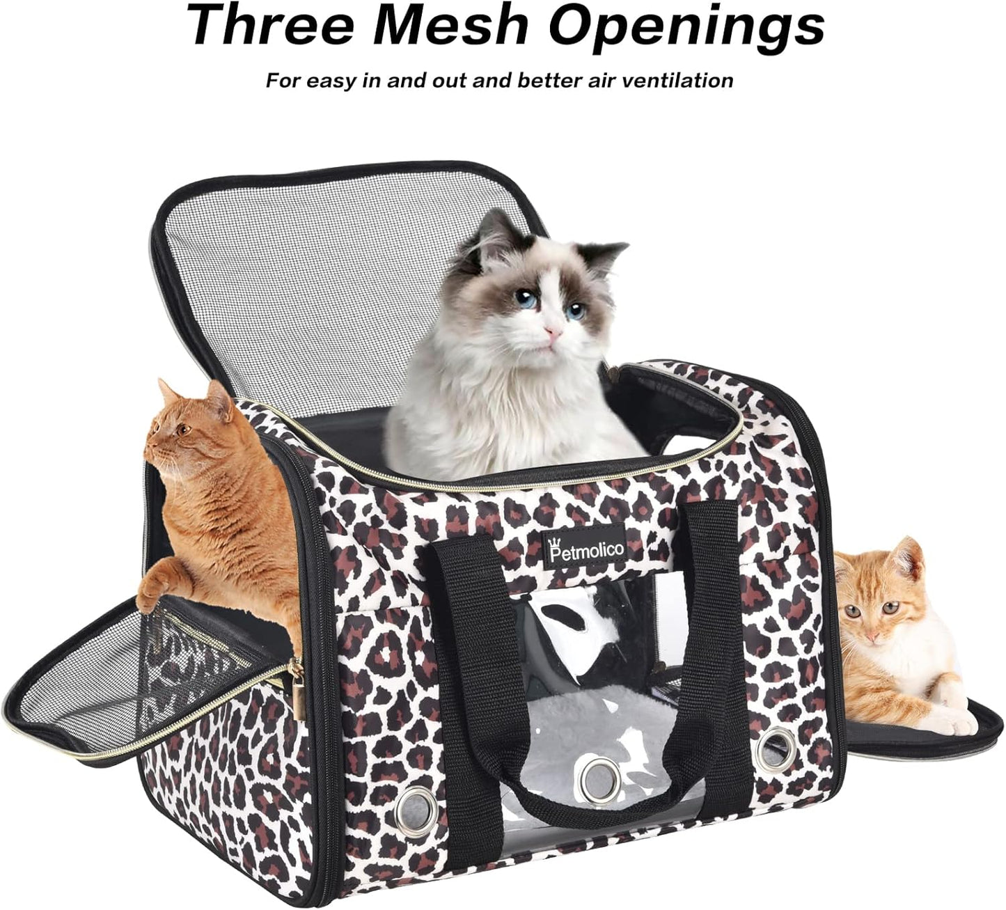 Petmolico Cat Carrier Soft-Sided Pet Bag for Small Medium Cats Puppies 16LBs - Airline Approved Pet Travel Carrier 3 Open Doors (Medium,Leopard)