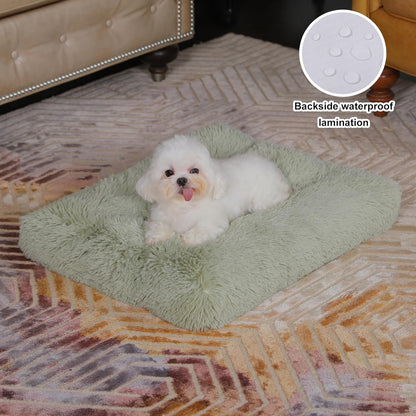 Bedfolks Waterproof Dog Crate Pad, Plush Dog Kennel Bed with Removable Cover, Faux Fur, Washable, 23"x18", Sage Green