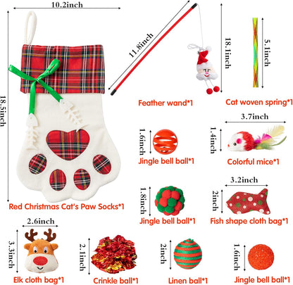 MALLMALL6 11Pcs Christmas Cat Stocking Toys Interactive Cat Toys Pack Including Feather Teaser Wand Catnip Mouse Crinkle Bells Ball Spring Toys for Indoor Cats, Christmas Hanging Stocking for Pet Cats