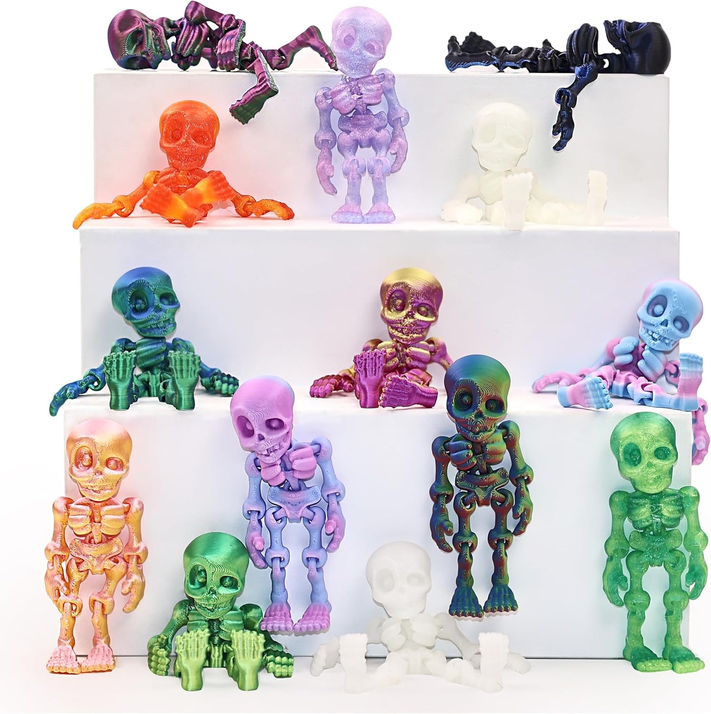 14 pcs 3D Printed Skeleton Figurines, Colorful 3.15 Inch Halloween Decorations, Fun Spooky Skull Toys for Desk, Party, or Shelf Display