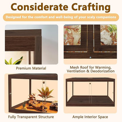 PROLEE Bearded Dragon Tank,27 Gallon Reptile Tank with Meatl Mesh Roof and Front Sliding Door, Anti-Scratch Lizard Tank,Spacious Reptile Enclosure for Snakes,Lguanas, Chameleons(Walnut)