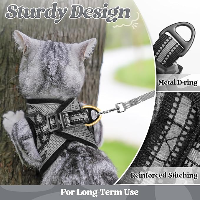 rabbitgoo Cat Harness and Leash Set for Walking Escape Proof, Adjustable Soft Kittens Vest with Reflective Strip for Cats, Comfortable Outdoor Vest, Grey, M