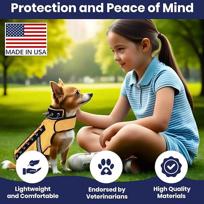 CoyoteVest SpikeVest Dog Harness Vest for Small Dogs, Reflective Dog Vest with Spikes to Shield Your pet from Coyotes, Raptor and Animal Attacks, Anti Hawk Vest, Made in USA (L-Yellow)