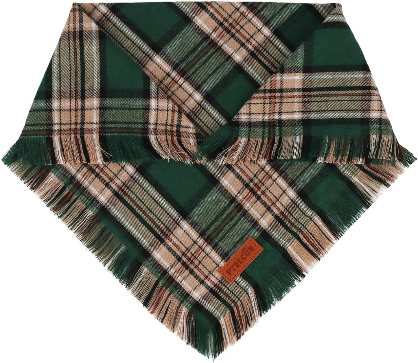 PTDECOR Christmas Dog Bandanas with Tassels Edges, Stylish Red Green Plaid Scarf Bib, Multiple Size, Reversible Triangle Christmas Bandanas for Medium Large Dogs Pets (Large)