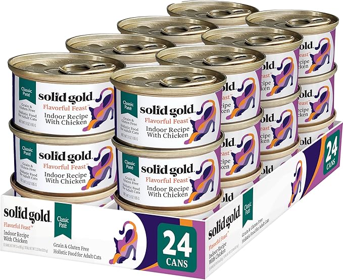 Solid Gold Wet Cat Food Pate for Indoor Cats - Healthy Canned Cat Food Pate w/Real Chicken, Omega Fatty Acids, Vitamins & Minerals - Grain Free & Gluten Free Can Meals for Cats & Kittens - 24ct/3oz