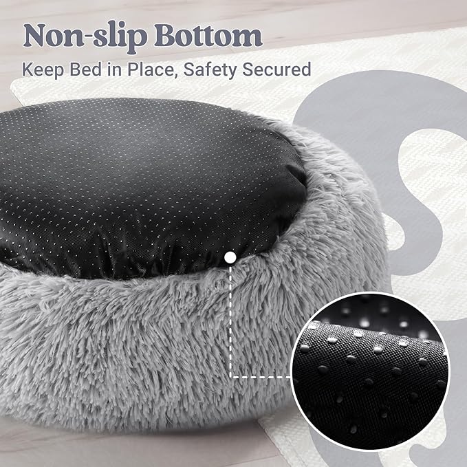 rabbitgoo Cat Beds for Indoor, 20 inches Machine Washable, Fluffy Round Pet Bed Non-Slip, Calming Soft Plush Donut Cuddler Cushion Self Warming for Small Dogs Kittens, Light Grey, Medium