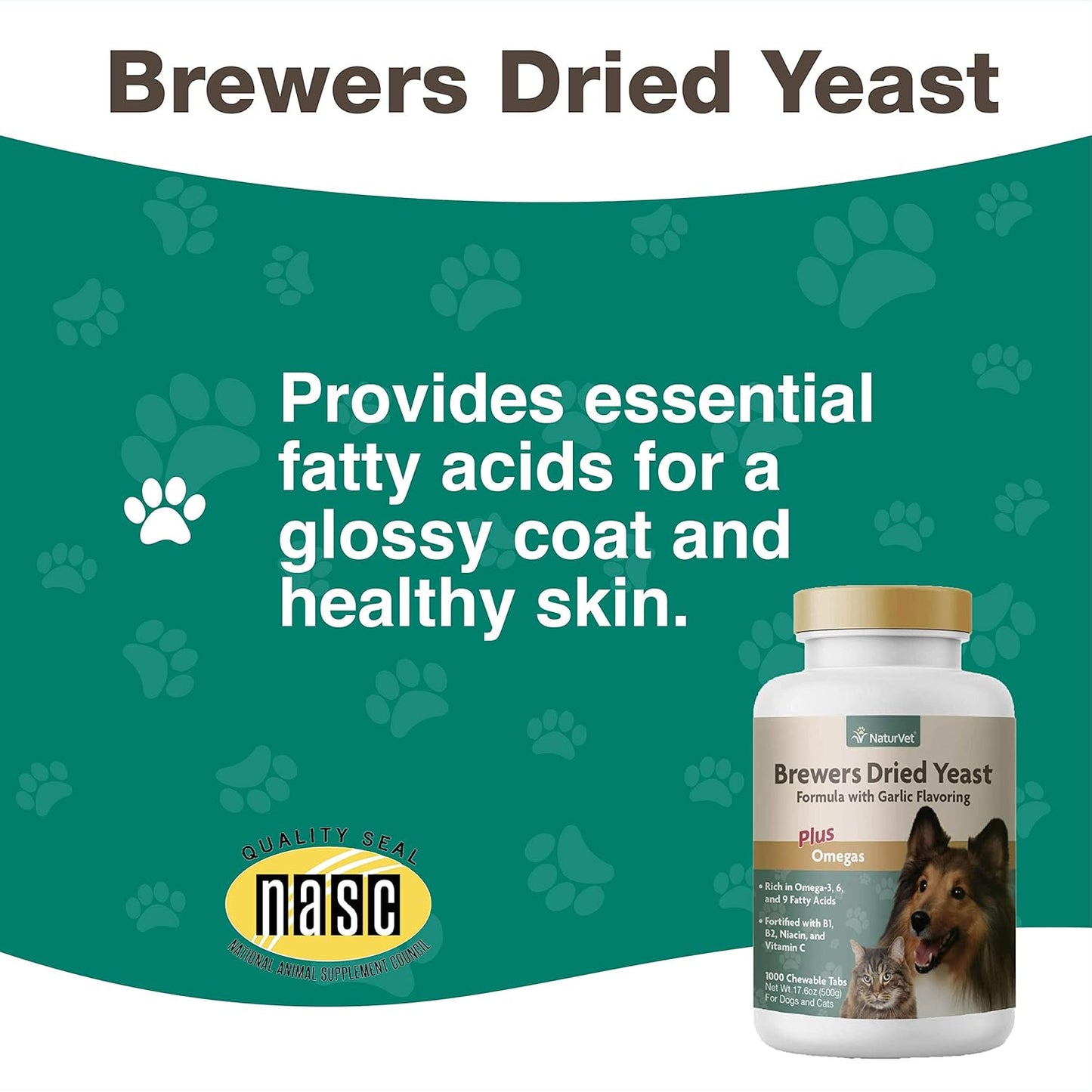 NaturVet – Brewer’s Dried Yeast Formula with Garlic Flavoring – Plus Omegas | Rich in Omega-3, 6 & 9 Fatty Acids | Fortified with B1, B2, Niacin & Vitamin C | for Dogs & Cats | 1000 Chewable Tablets