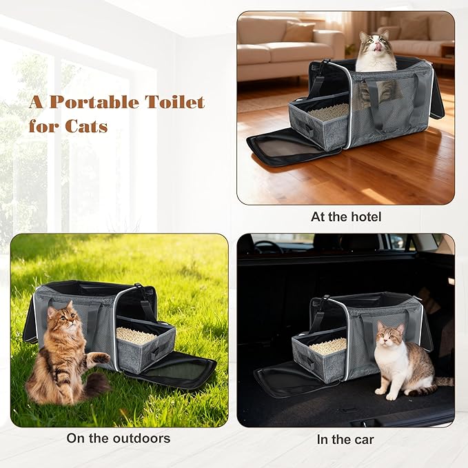 HiCaptain Cat Travel Carrier Bag with Litter Box, Portable Soft Cat Carrier Bag Lightweight Leak-Proof Collapsible Litter Box for Cats, Fits for Kitten up to 15 lb to Travel, Camping, Hiking, or Hotel