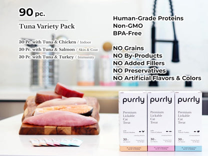 Purrly Healthy Premium Cat Treats Snack Topper Tuna Variety Bundle (90 Count) Lickable Wet Squeezable Hydrating Interactive Seafood Grain-Free Naturally Flavored Non-GMO No-Preservative