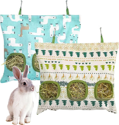 Lesnala 2pcs Bunny hay feeder Rabbit hay feeder bag Hanging guinea pig hay bag Large capacity cotton canvas fabric hay bag for Rabbits Bunny Chinchillas Hamsters and Other Small Pets(3 Holes,2 styles)