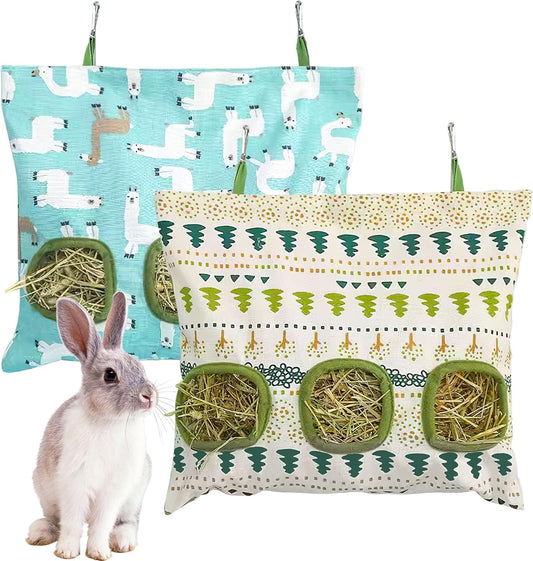 Lesnala 2pcs Bunny hay feeder Rabbit hay feeder bag Hanging guinea pig hay bag Large capacity cotton canvas fabric hay bag for Rabbits Bunny Chinchillas Hamsters and Other Small Pets(3 Holes,2 styles)